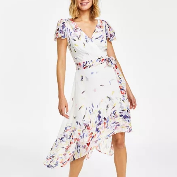 DKNY Printed Flutter Sleeve Faux Wrap Midi High - Low Chiffon Dress Size 14 $134 - Picture 1 of 17